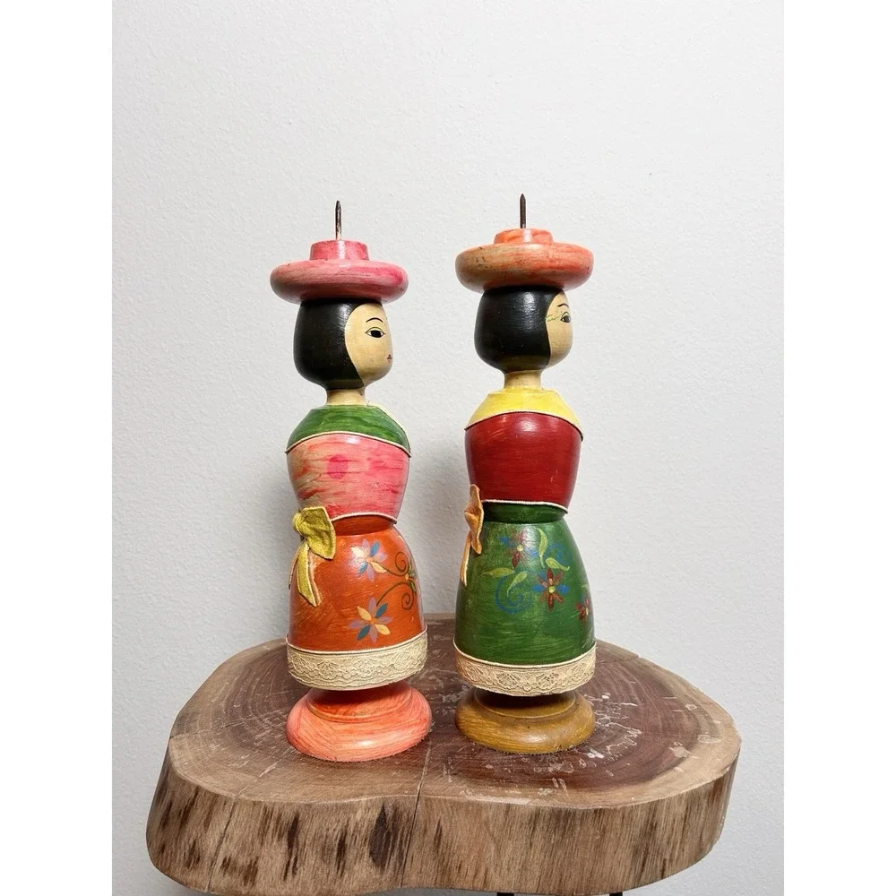 VTG Hand Painted Multicolor‎ Wooden Mexican Folk Art Dolls Candle Holders Set 2
